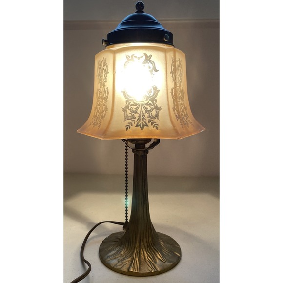 Other - Vintage Art Nouveau Brass Table Lamp Etched Glass Shade Tiffany Style Tree Base